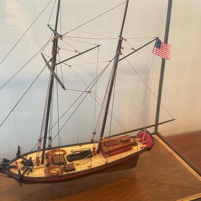Hand-Crafted Wooden Model Ship “Amazon” in Glass Display Case