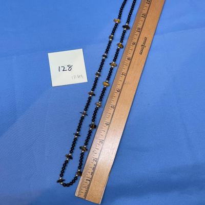 Sale Photo Thumbnail #613: 17.6 grams total weight. 14K gold beads & clasp.  Tiger eye nuggets w/ onyx beads.  Very classy.