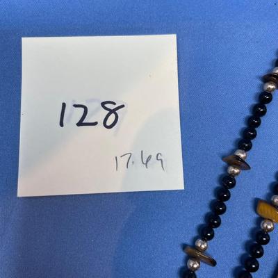 Sale Photo Thumbnail #614: 17.6 grams total weight. 14K gold beads & clasp.  Tiger eye nuggets w/ onyx beads.  Very classy.