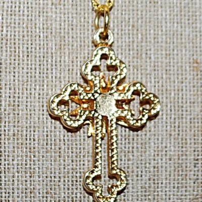 Bright Gold Colored "TABERNACLE" CROSS/PENDANT (2" x 1¼") on a Gold Tone Necklace Chain 18" L