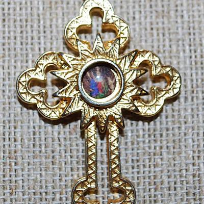 Bright Gold Colored "TABERNACLE" CROSS/PENDANT (2" x 1¼") on a Gold Tone Necklace Chain 18" L
