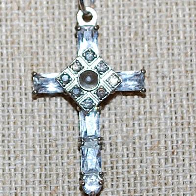 Vintage Style Silver Colored CROSS/PENDANT (1½" x 1") with a Bejeweled Tilted Square and Rectangle Clear Stones and Silver Tone...