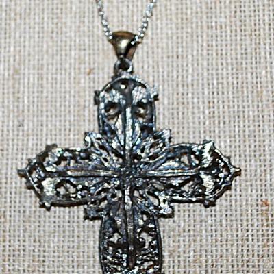 Green, Blue & White Enamel Jeweled CROSS/PENDANT (2½" x 2") on a Silver Tone Necklace Chain 16" L