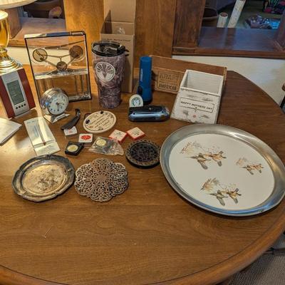 Large group of miscellaneous.... Artic insulated cup, vintage serving tray, Kraft cheese box, change counter.