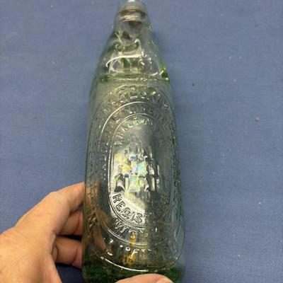 VINTAGE CODD NECK SODA BOTTLE GREEN GLASS W/MARBLE FROM UK COULTHARD HARDMAN