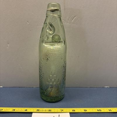 VINTAGE CODD NECK SODA BOTTLE GREEN GLASS W/MARBLE FROM UK COULTHARD HARDMAN