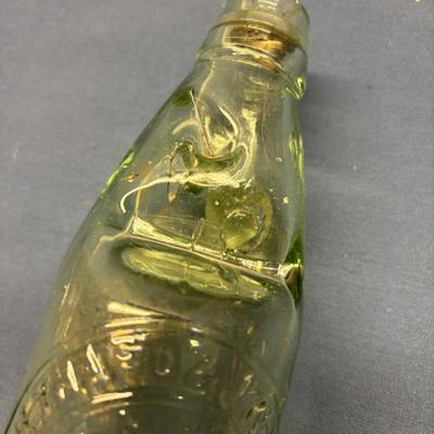 VINTAGE CODD NECK SODA BOTTLE GREEN GLASS W/MARBLE FROM UK COULTHARD HARDMAN