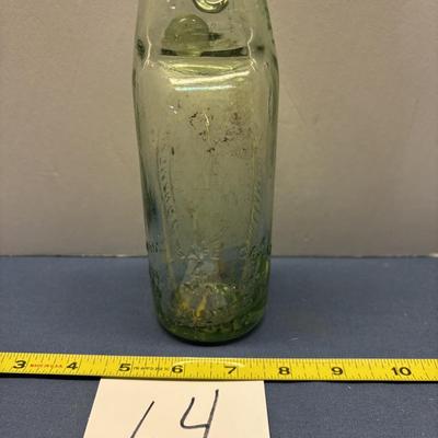 VINTAGE CODD NECK SODA BOTTLE GREEN GLASS W/MARBLE FROM UK COULTHARD HARDMAN
