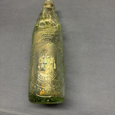 VINTAGE CODD NECK SODA BOTTLE GREEN GLASS W/MARBLE FROM UK COULTHARD HARDMAN