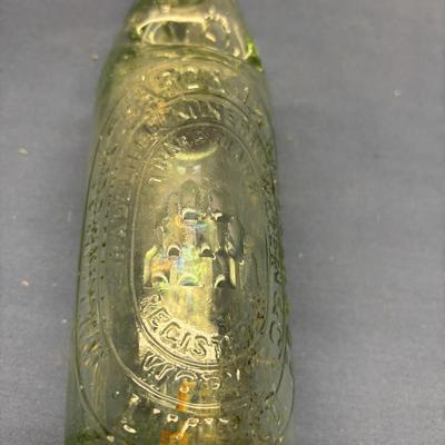 VINTAGE CODD NECK SODA BOTTLE GREEN GLASS W/MARBLE FROM UK COULTHARD HARDMAN