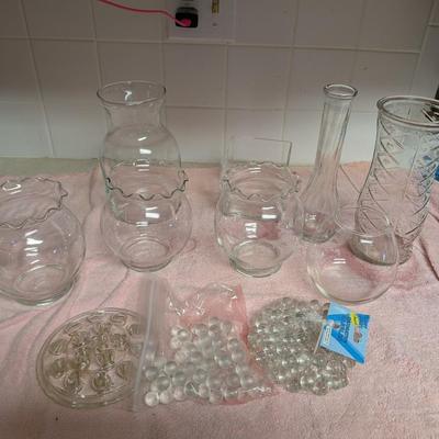 Misc vases, vase marbles, flower frog