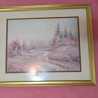 Pretty outdoor scene picture, framed "love is a circle" poem, gold tone wall hanging candle holder.