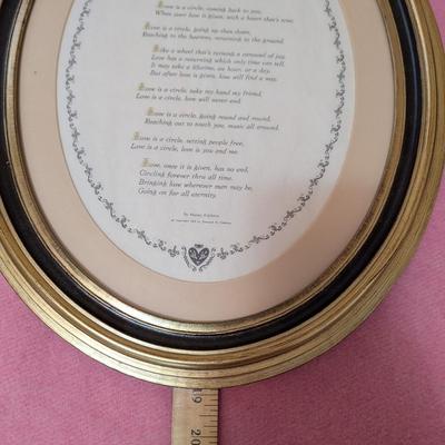Pretty outdoor scene picture, framed "love is a circle" poem, gold tone wall hanging candle holder.