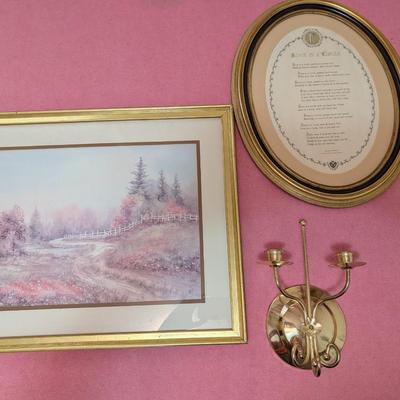 Pretty outdoor scene picture, framed "love is a circle" poem, gold tone wall hanging candle holder.