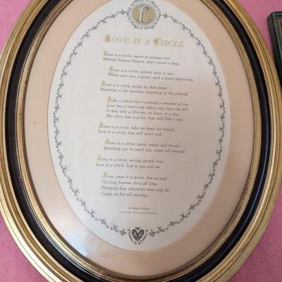 Pretty outdoor scene picture, framed "love is a circle" poem, gold tone wall hanging candle holder.