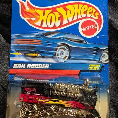 1999 Hot Wheels Rail Rodder Collector #221 | Black w/ Red-Yellow Flames Gold Chrome Engine | Sealed Original Blue Card | Ultra-Rare Steam...