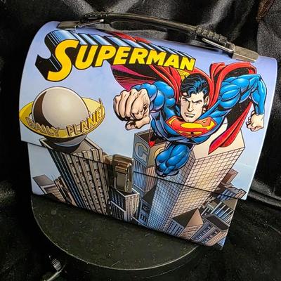 Vintage 2000s Vandor Collectible Tins Superman DC Comics Metal Lunch Box | Flying Man of Steel Over Metropolis | Hinged Lid w/ Handle |...