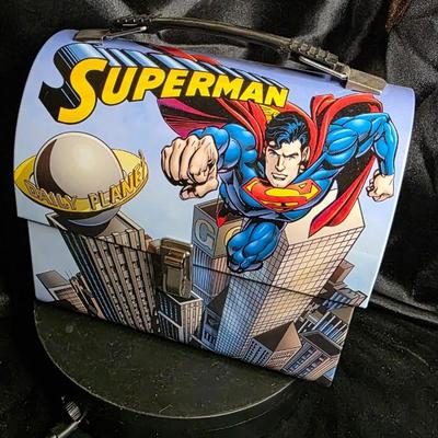 Vintage 2000s Vandor Collectible Tins Superman DC Comics Metal Lunch Box | Flying Man of Steel Over Metropolis | Hinged Lid w/ Handle |...
