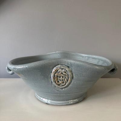 Handmade Studio Pottery Crackle Glaze Bowl with Handles – Artisan Wheel-Thrown – Medusa / Lion Relief – Light Blue Gray”