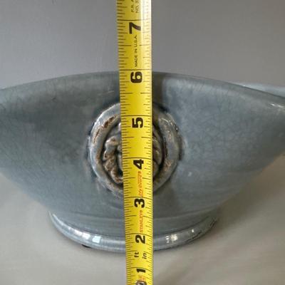 Handmade Studio Pottery Crackle Glaze Bowl with Handles – Artisan Wheel-Thrown – Medusa / Lion Relief – Light Blue Gray”