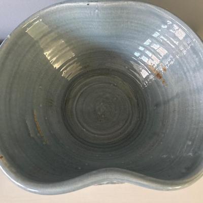 Handmade Studio Pottery Crackle Glaze Bowl with Handles – Artisan Wheel-Thrown – Medusa / Lion Relief – Light Blue Gray”