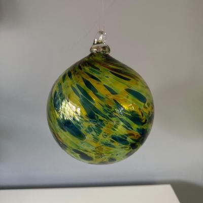 “Hand-Blown Glass Witch Ball / Friendship Ball – Green & Yellow Iridescent”