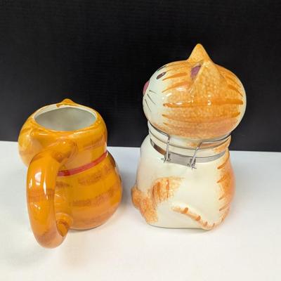 Orange Tabby Kitty Cat Hinged Canister Treat Jar & Orange & White Cat Mug