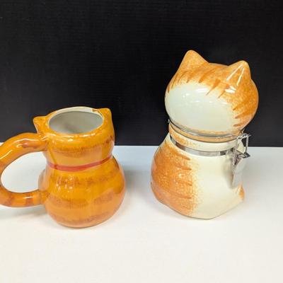 Orange Tabby Kitty Cat Hinged Canister Treat Jar & Orange & White Cat Mug