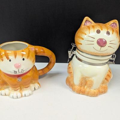 Orange Tabby Kitty Cat Hinged Canister Treat Jar & Orange & White Cat Mug