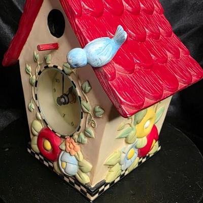 Vintage 2000 Michel & Company ME Ink Birdhouse Clock | Red Roof Floral Porcelain Design | Quartz Movement | Whimsical Cottage Decor...