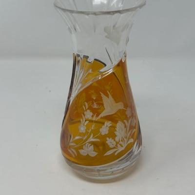 JULIA GLASSWORKS AMBER AND CRYSTAL VASE MADE IN 1960S POLAND