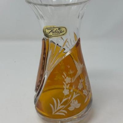 JULIA GLASSWORKS AMBER AND CRYSTAL VASE MADE IN 1960S POLAND