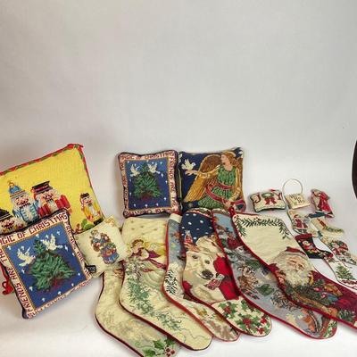 Z525 Large Lot of Needlepoint Christmas Stockings and Pillows