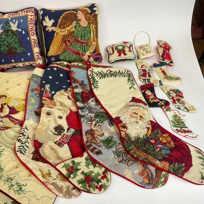 Z525 Large Lot of Needlepoint Christmas Stockings and Pillows