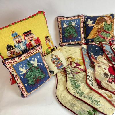 Z525 Large Lot of Needlepoint Christmas Stockings and Pillows