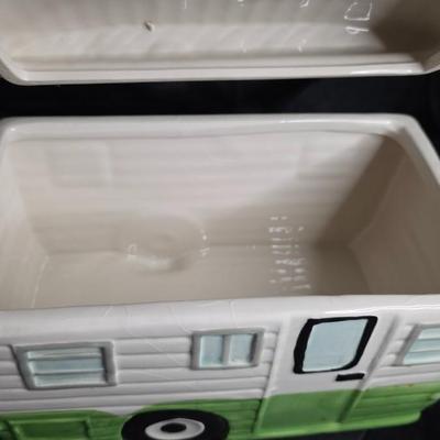 Vintage World Market Ceramic Camper Cookie Jar Canister | White & Green RV Design w/ Red Awning Flags | Hand-Painted Retro Trailer...