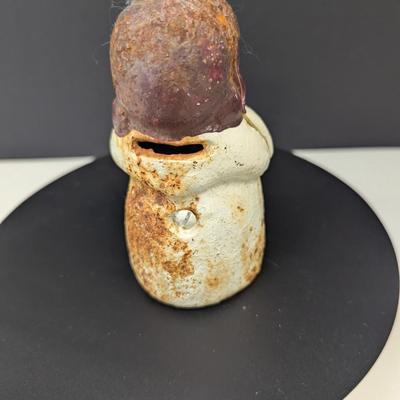 Antique African American Figural Cast Iron Bank Blue & White Checked Apron