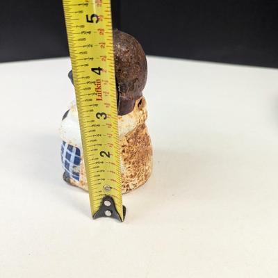 Antique African American Figural Cast Iron Bank Blue & White Checked Apron