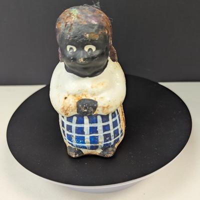 Antique African American Figural Cast Iron Bank Blue & White Checked Apron