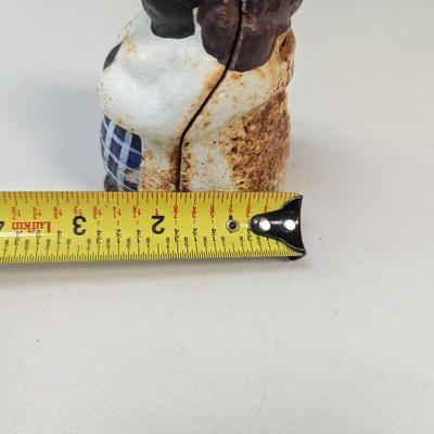 Antique African American Figural Cast Iron Bank Blue & White Checked Apron