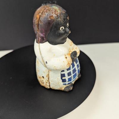 Antique African American Figural Cast Iron Bank Blue & White Checked Apron