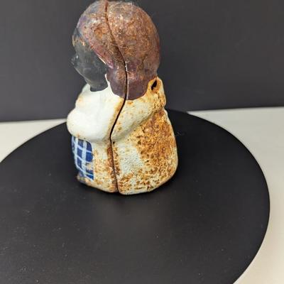 Antique African American Figural Cast Iron Bank Blue & White Checked Apron