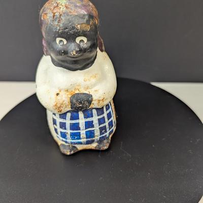 Antique African American Figural Cast Iron Bank Blue & White Checked Apron