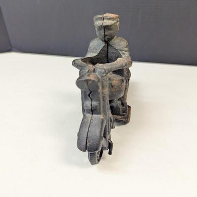 Vintage Cast Iron Police Rider On Motorcycle Toy Harley Style Moving Wheels