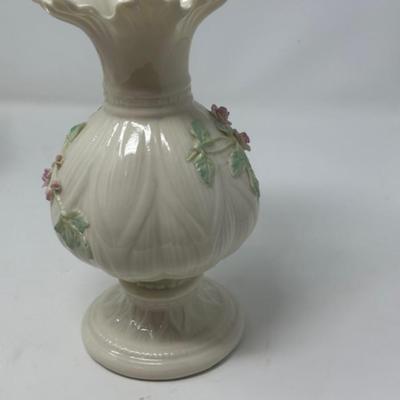 BELLEEK APPLIED PINK ROSES RIBBON 8' FLOWER VASE