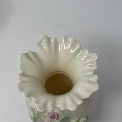 BELLEEK APPLIED PINK ROSES RIBBON 8' FLOWER VASE