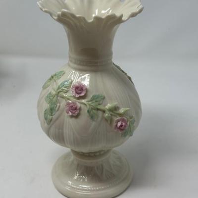 BELLEEK APPLIED PINK ROSES RIBBON 8' FLOWER VASE