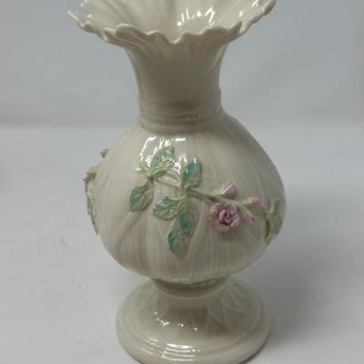 BELLEEK APPLIED PINK ROSES RIBBON 8' FLOWER VASE