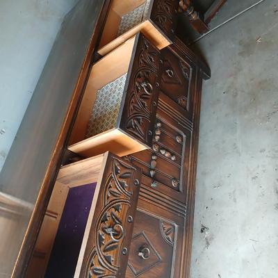 Antique oak Gothic Revival sideboard or buffet, likely English or Dutch, from the early 20th century