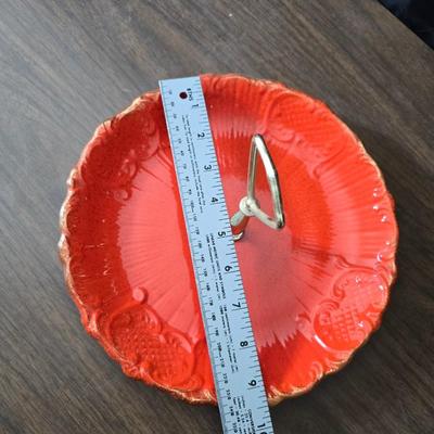 Vintage California Pottery tidbit tray with Fenton Hobnail white opalescent creamer and sugar bowl set.